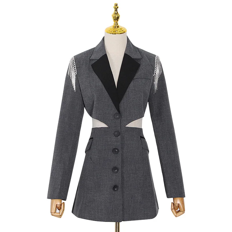 

Patchwork Tassel Hollow Out Waist Design Dresses for Women Temperament Silm One Piece Chic Fashion Office Lady Vestidos Female