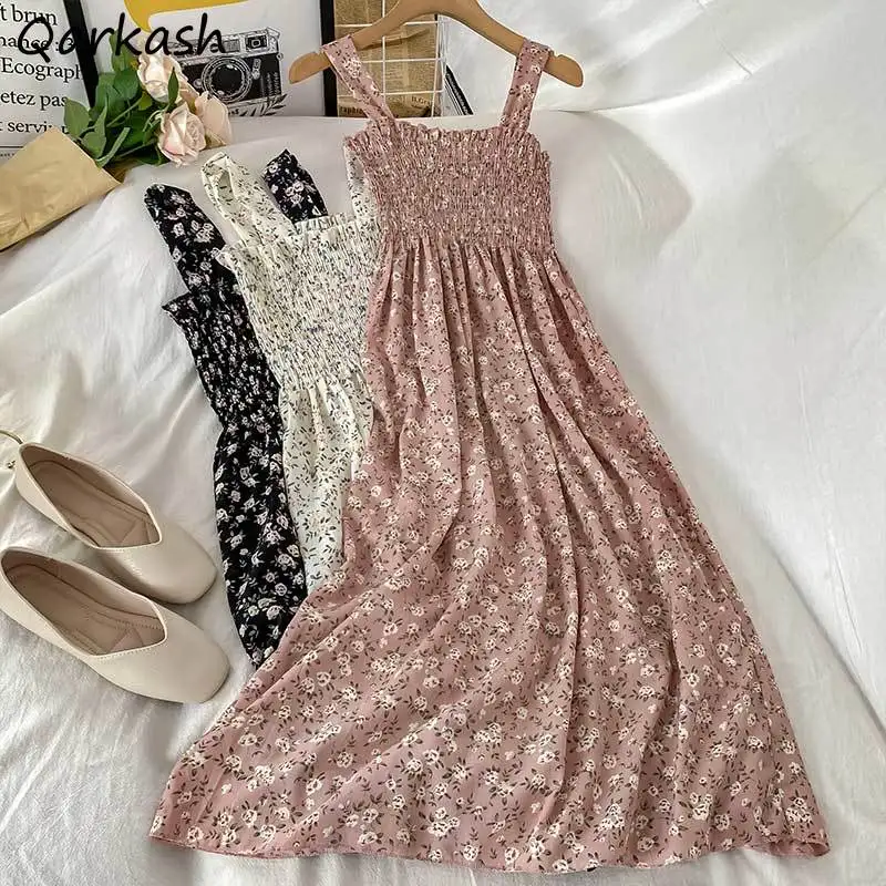 

Женское платье без рукавов, плиссированное эластичное платье до середины икры на бретелях-спагетти с цветочным принтом, элегантное нежное ...