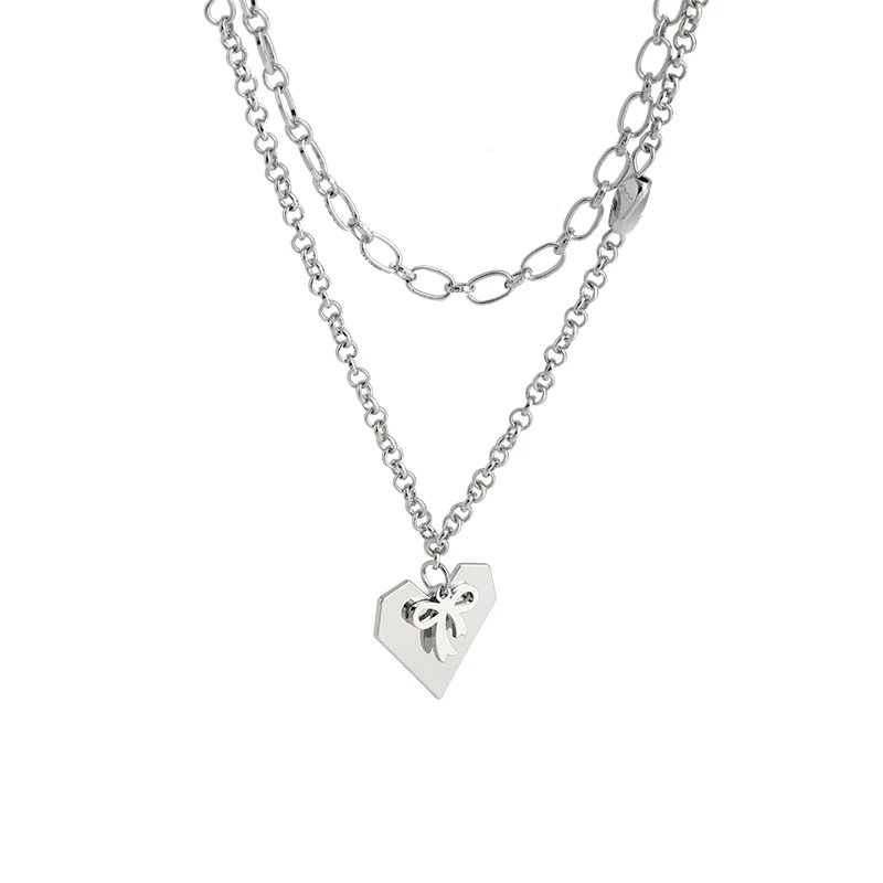 

Double Layers Loving Heart Bow Twin Necklace Women's Light Luxury Minority Design Sweater Chain New Style Collarbone Necklace
