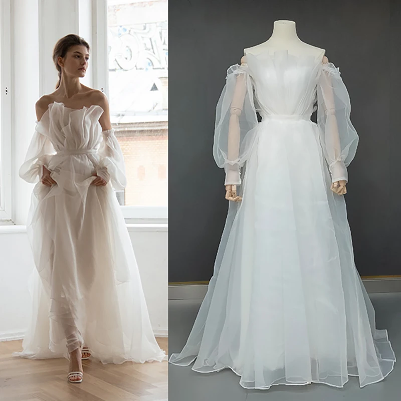 Свадебное платье из органзы с длинным рукавом Епископ и фестонами | Свадьбы