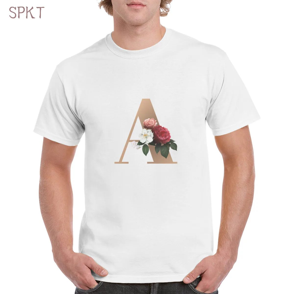 

Brown letter A flower pattern print t shirt 100% cotton 26-letter graphic tshirt gothic punk oversized tops women/men's T-Shirts