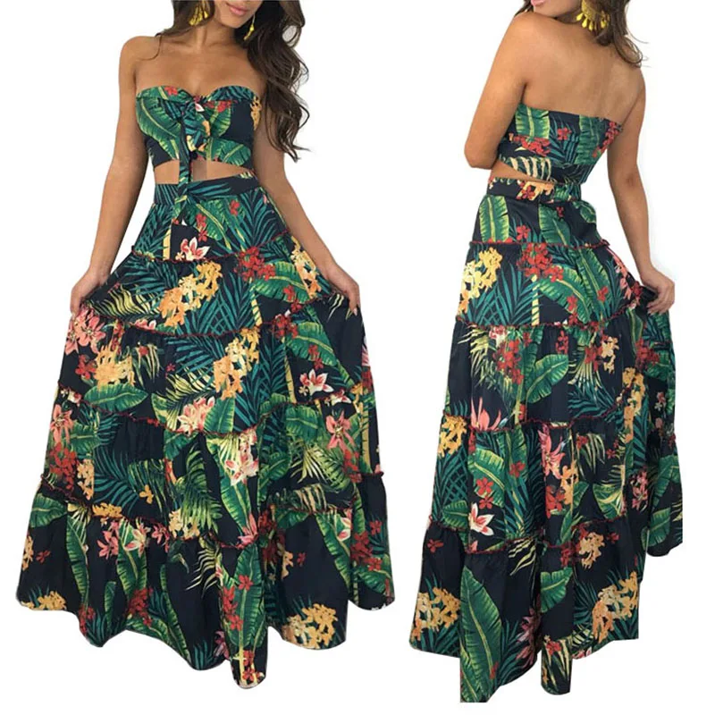 

Classic Retro Print Skirt Suit Female Multi-yard Wooden Ear Beach Skirt Female Two-piece Suit Summer Beach 2021 New