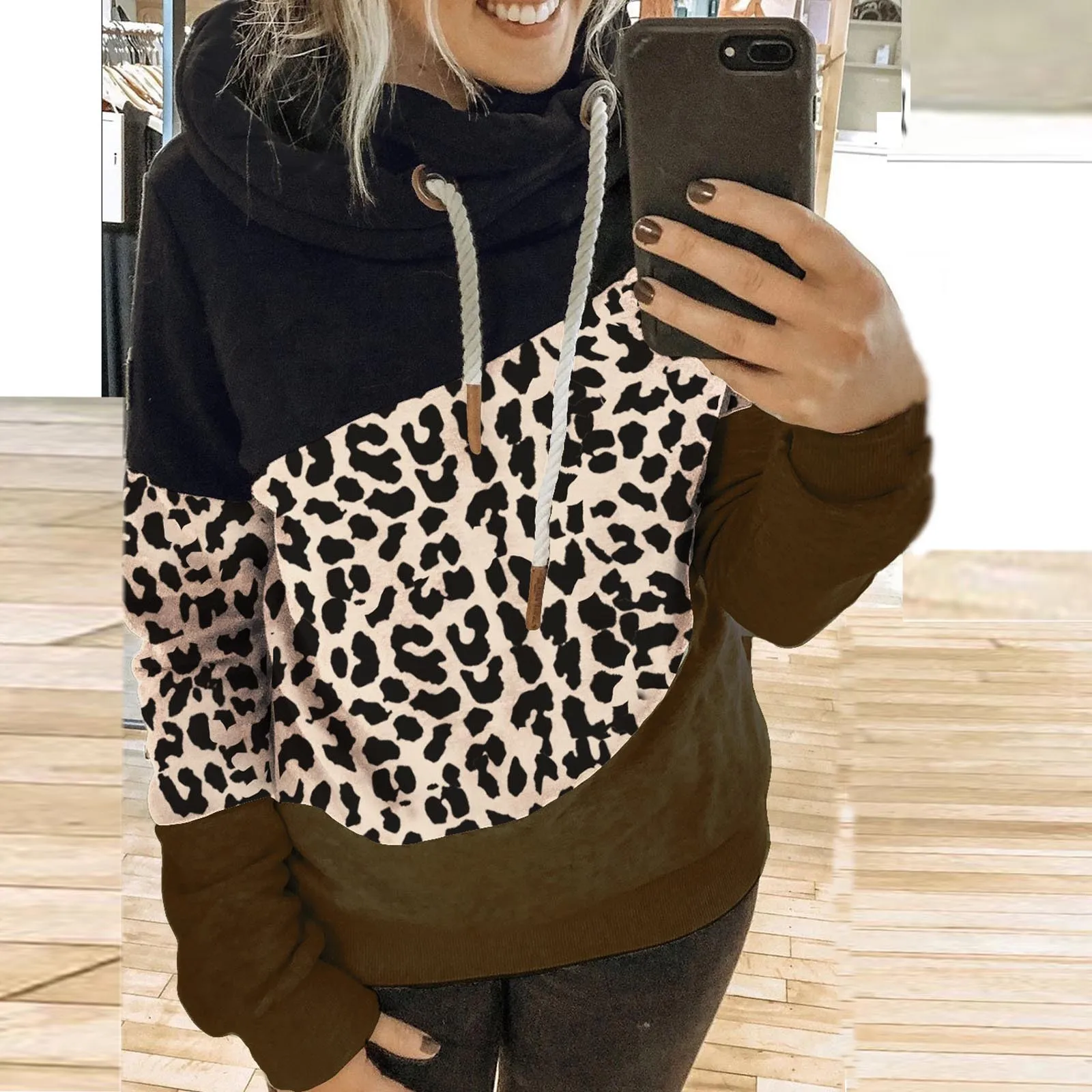 

Turtleneck Fashion Women Color Matching Hooded Sweatshirt Long Sleeve Sweatshirt Pullovers Tops Oversized femme ropa de mujer