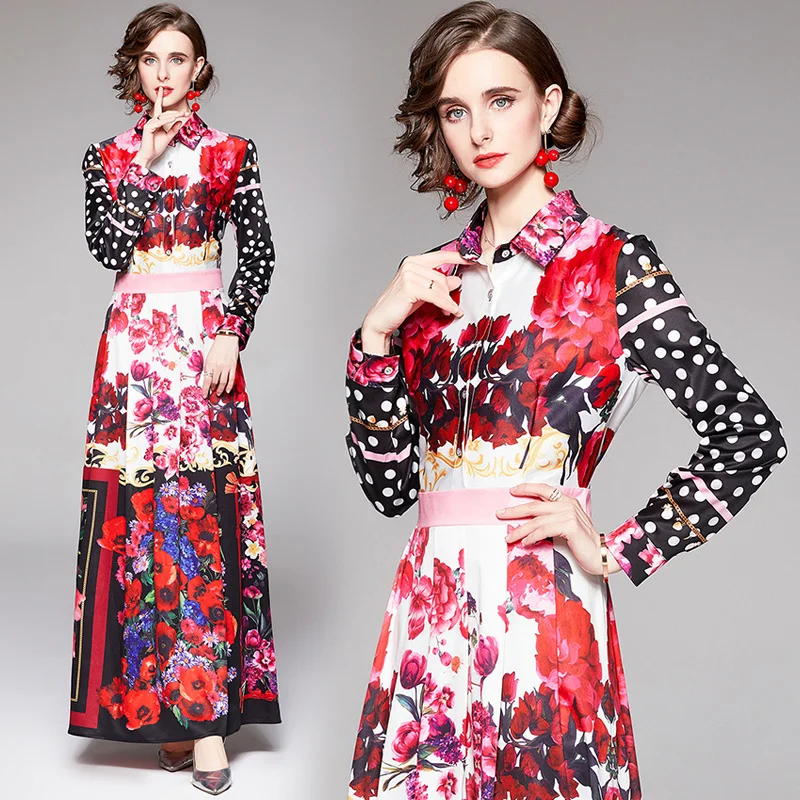 

Women's Long Sleeve Retro Floral Print Holiday Long Pleated Vestidos Autumn Fashion Runway Overlays Flower Maxi Dresses 8620