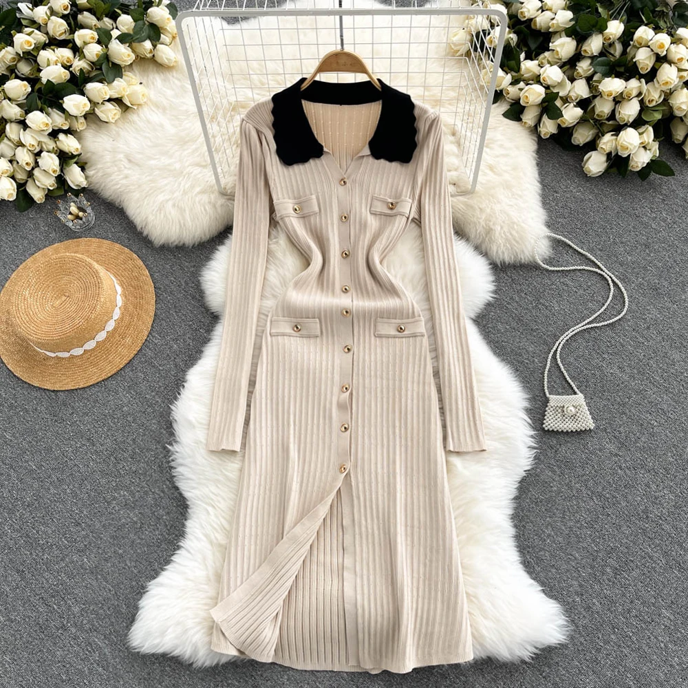 WIGADFHK Autumn Korean Sweater Dress Women Turndown-Collar Single Breasted Slim Dresses Fashion Streetwear Winter Knit Dress