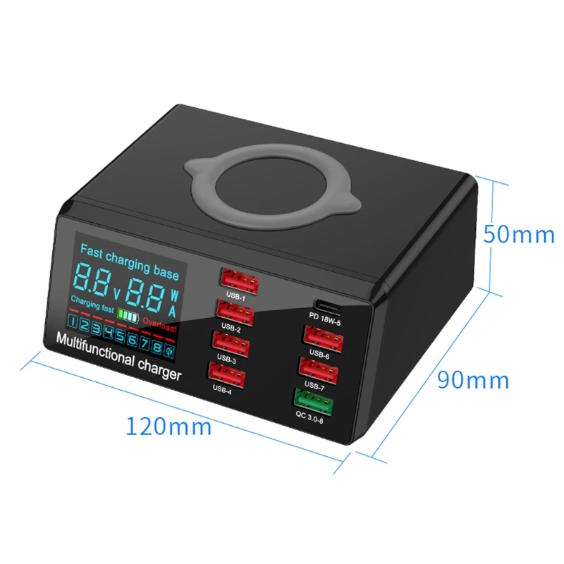 

8Ports QC 3.0 USB & Type C PD Fast Charger Adapter 10W Wireless Charger Station with Digital Display for Mobile Phone Tablet