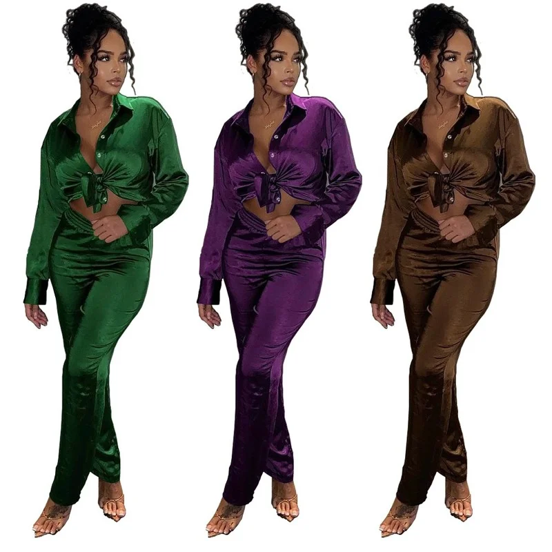 

Fashion Satin Women Pants Sets Pary Elegant Long Sleeves Shirt Solid Pants Sexy Lady Two Pieces Nightclub Outfits Real Pictures