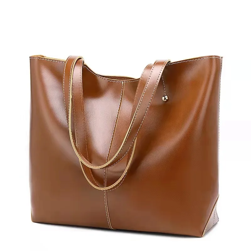 

New fashion stitching one-shoulder retro oil leather ladies large-capacity tote bag