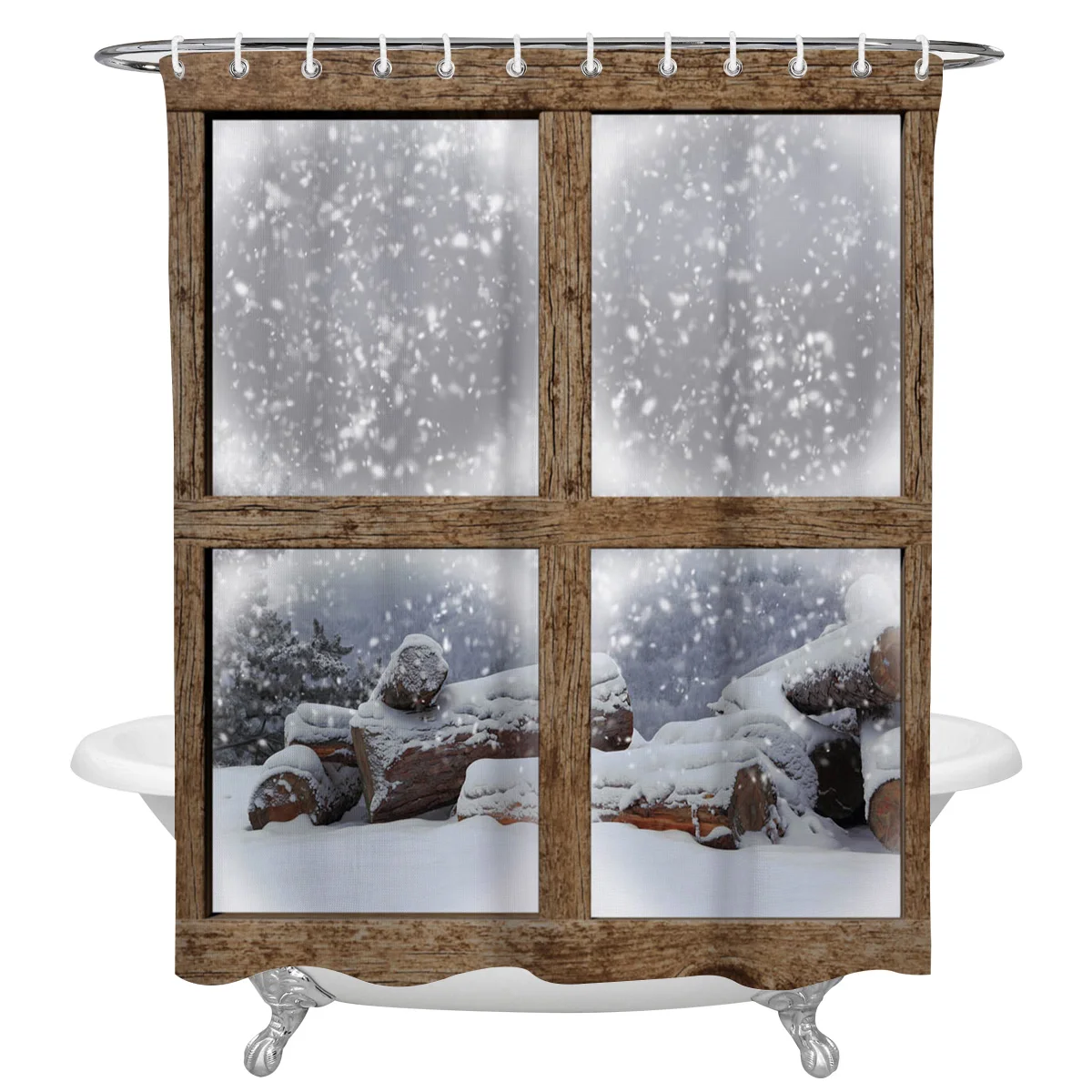 

Window Wood Snow Shower Curtain Waterproof Polyester Fabric Shower Curtains Home Decoration Curtain with Hook