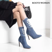 boots women pointed toe short boots womens ripped cow carefully heeled high heel mid tube boots woman shoes high heels sexy