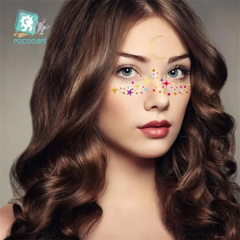 Золото Луна Звезды флэш-лицевая сторона боди-арта переводятся с помощью воды