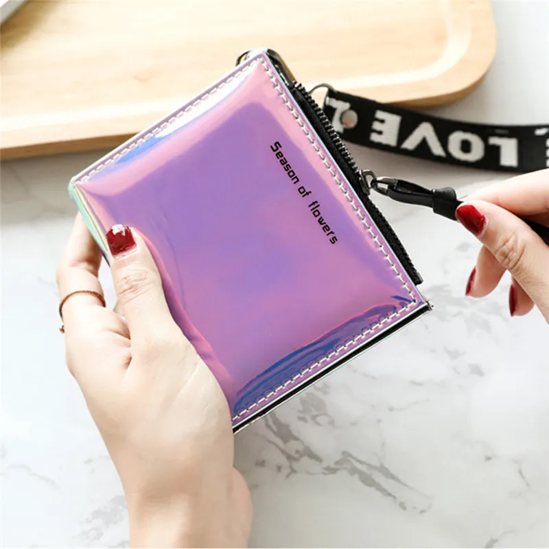 Women Laser Holographic Rainbow Wallets Short Cute Purse Small Wallet Women Folding Wallet Card Holder Coin Purse