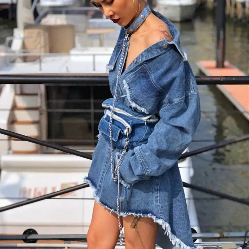 Getвесна женское джинсовое пальто с длинным рукавом асимметричный подол