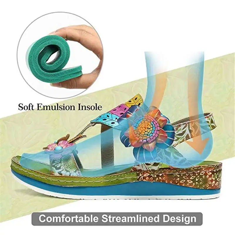 

SOCOFY Comfortable Genuine Leather Sandals Flowers Pattern Splicing Stitching Floral Hook Loop Sandals Retro Shoes Women 2020