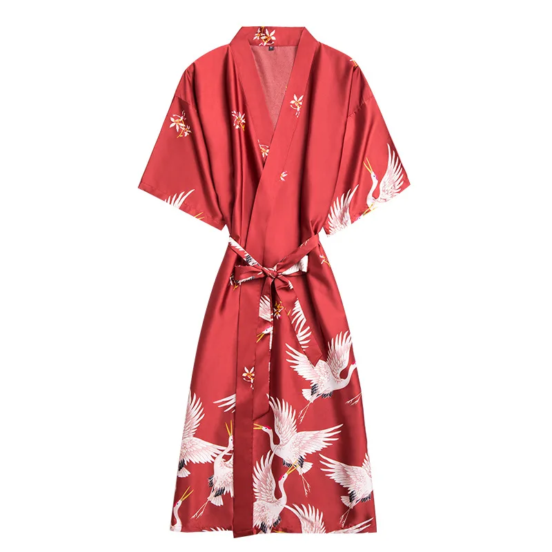 

SLPBELY Women Silk Pajamas Robe Spring Retro Style Bird Print Bathrobe Half Sleeved Female Elegant Homewear Nightwear Pyjamas