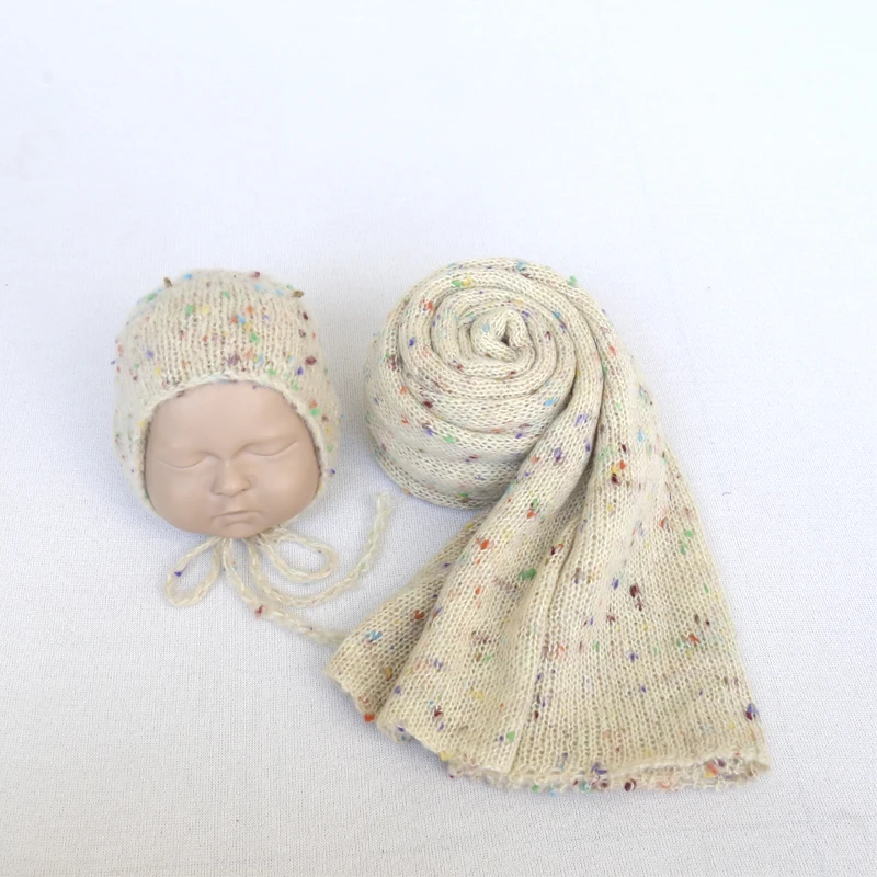 

Vintage Newborn Knit Stretch Wrap Bonnet Set Crochet Beige Baby Fabric Blanket Photography Prop Newborn Bonnet Prop