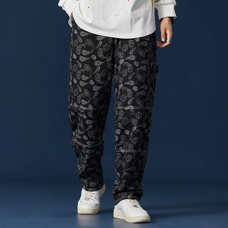 Jeans Men's Spring New Hip-Hop Cashew Print Loose Denim Pants Men Trendy Wide-Legged Plus Size Casual Daddy Trousers