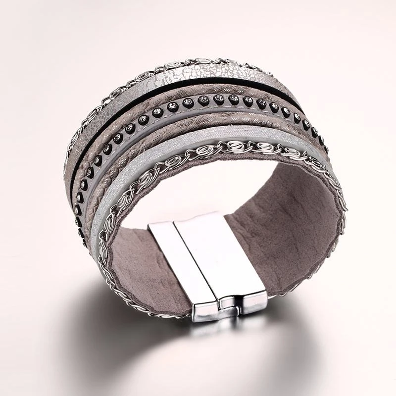 Винтажные женские браслеты из искусственной кожи с камнями широкий массивный