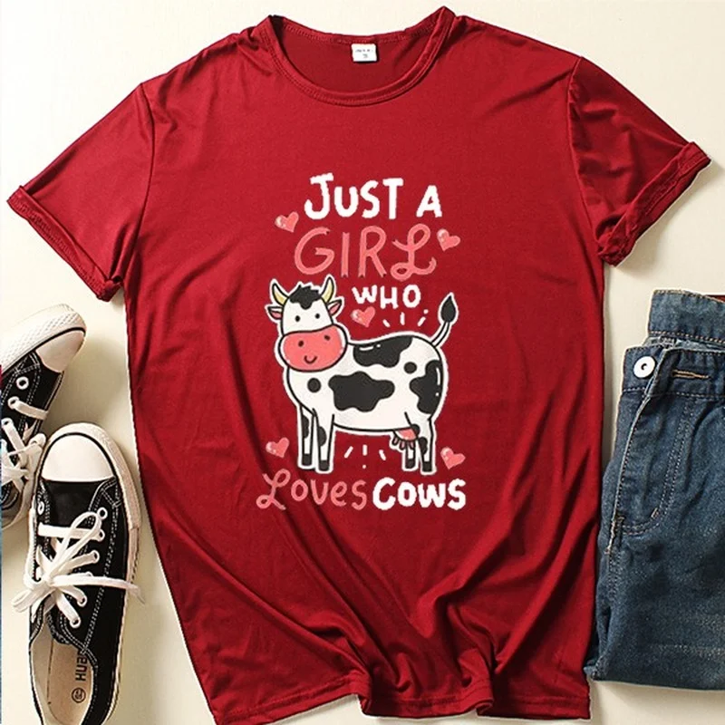 

Just A Girl Love Cow Print Women T Shirt Short Sleeve O Neck Loose Women Tshirt Ladies Tee Shirt Tops Clothes Camisetas Mujer