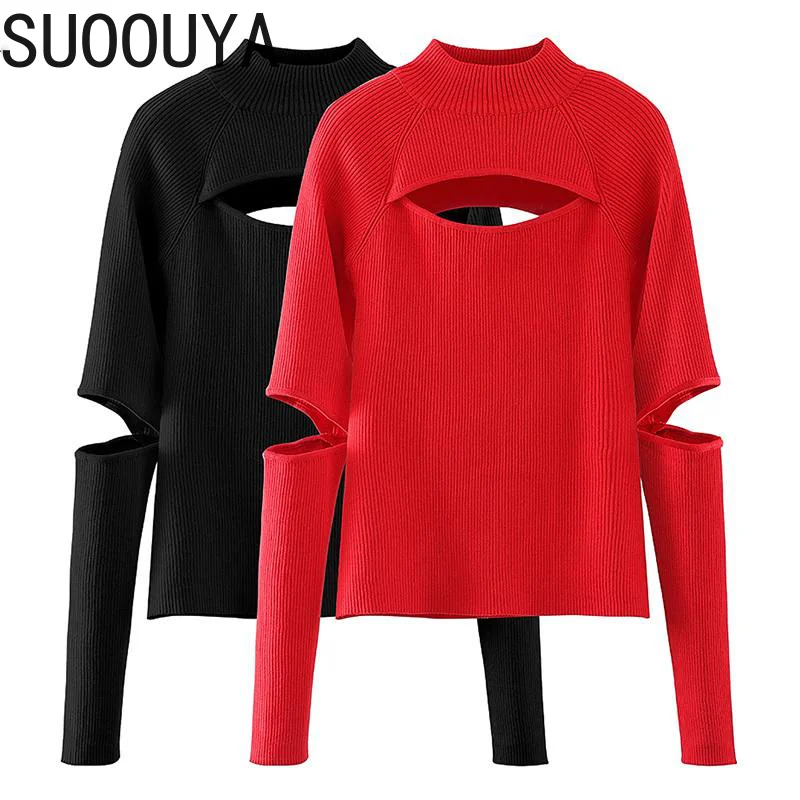 

[SUOOUYA] Women Black Hollow Out Turtleneck Women Sweaters and Pullovers Irregular Black Red Knit Sweater Fashion New Clothing
