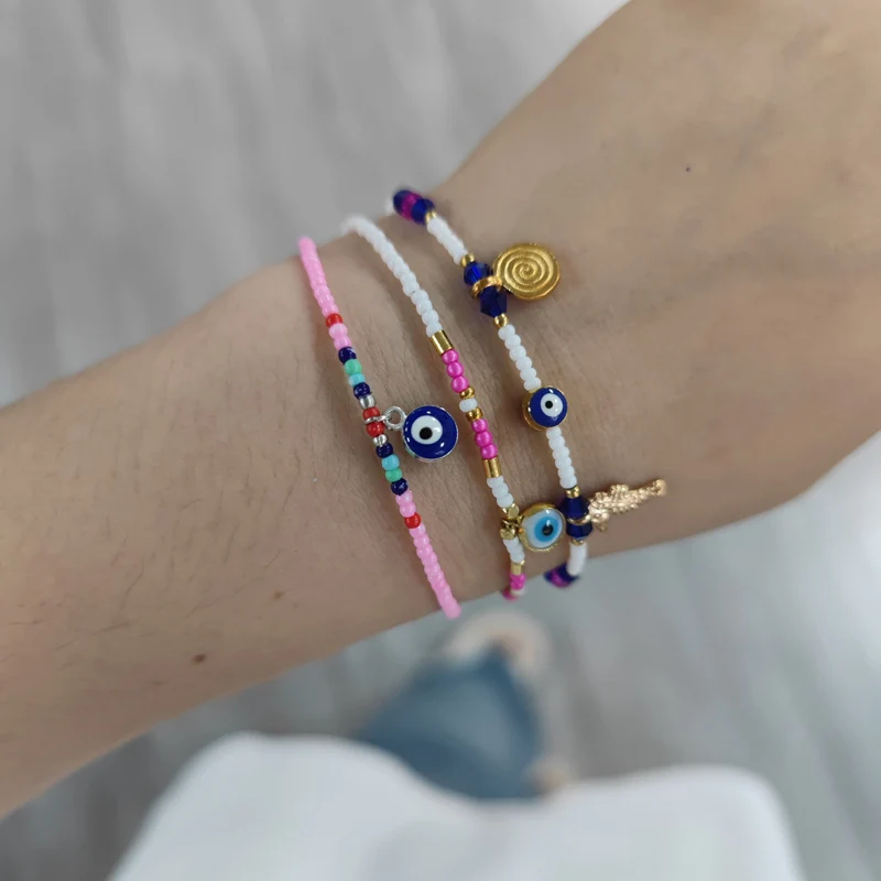 

Lucky Turkish Blue Eye Charm Bracelet Women Jewelry Small Beads Handmade Braided Thread Pearl Bangle Family Kids Accessories