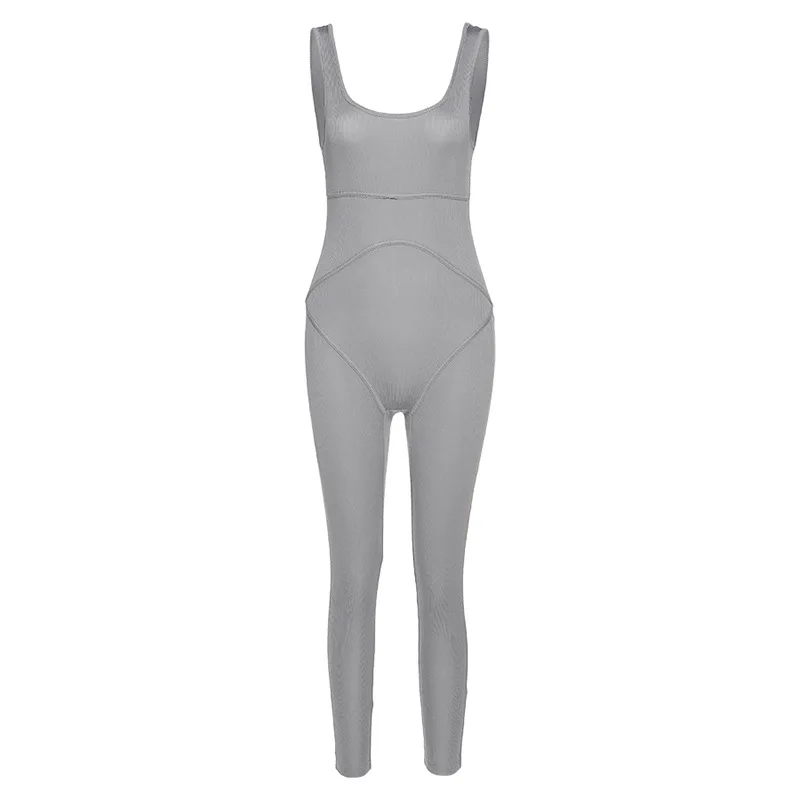 

NORMOV Solid Thread Jumpsuit Women Sexy Sleeveless Backless Patchwork Slim Bodycon Jumpsuit Female Push Up Fitness Jumpsuits