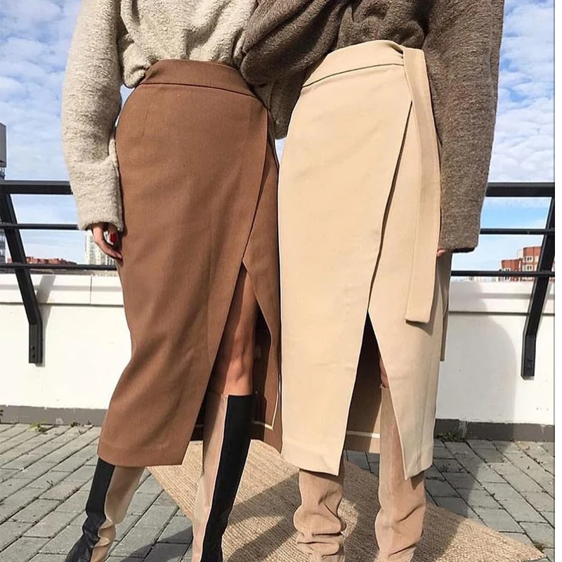 Sexy Elegant Split Hem Skirt Women Office Ladies Mid-culf Suede Long Skirt Women Autumn Winter Lace Up Bandage Skirts Khaki