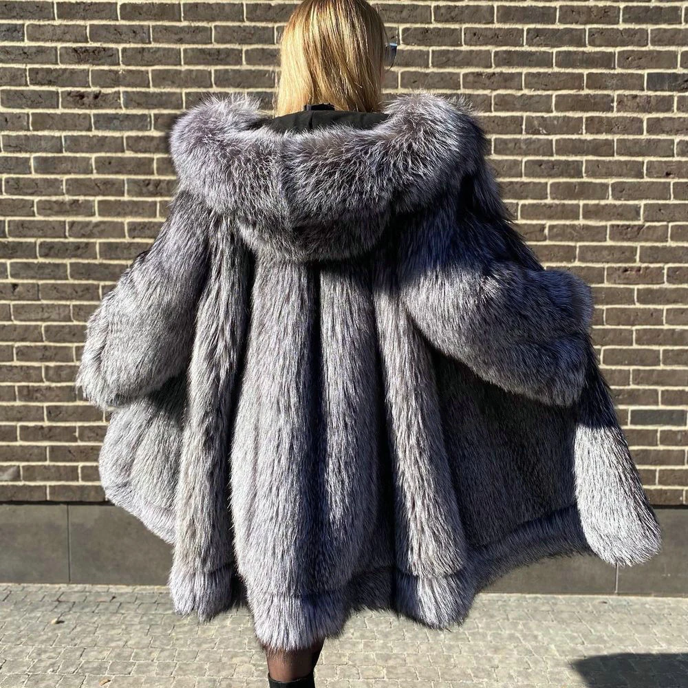 

Natural Silver Fox Fur Long Coat with Big Hood Full Pelt Genuine Fox Fur Coats Outwear Female Winter Fashion Fur Overcoat Hooded