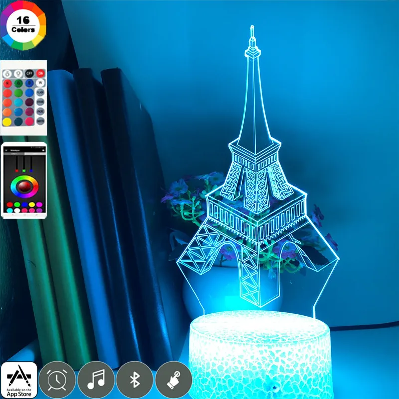 

Paris Famous Building Eiffel Tower Figure Night Light Travel Souvenir for Family Feiend 3d Led 7 Colors Clock Base Table Lamp