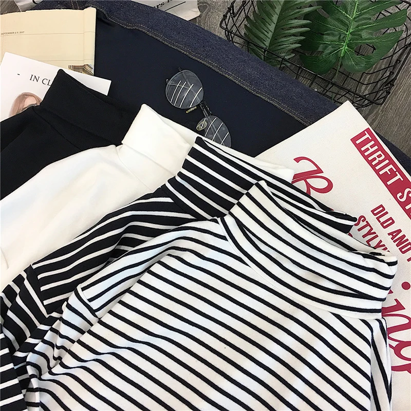 

T-shirts Women Long Sleeve Loose Striped Solid Turtleneck Womens T-shirt All-match Simple Leisure Korean Style Trendy Chic Soft
