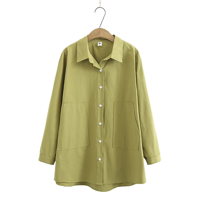 

Plus Size Green White XL-4XL Long Sleeved Long Blouse Full Cotton Ladies' Simple Elegant Tops Casual A-line Spring Summer Blusas