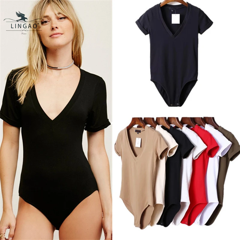 

Summer New Solid Color Sexy Big V-neck Slim Slimming 1 Piece Short-Sleeved T-Shirt Bodysuits Women's 2021 Retro Shirt Tights