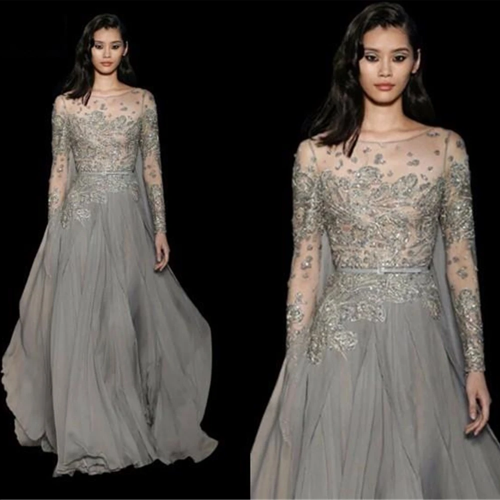 

Шифоновые деловые платья на заказ, новинка, блестящее вечернее платье-трапеция с глубоким круглым вырезом и длинным рукавом, платье в пол для выпусквечерние вечера с аппликацией и бисером