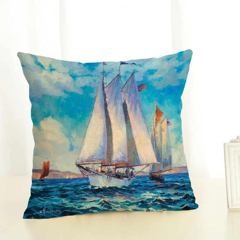 

Sailboat Landscape Waist Printed Linen Cushion Cover Yellow Pillowcase Sofa Office Car Brown Pillow Covers Decorative Home Decor