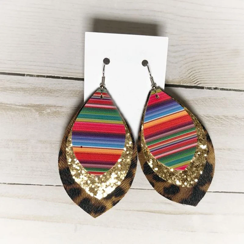 Новинка! Серьги из кожи с радужным принтом трехслойные золотые серьги в форме