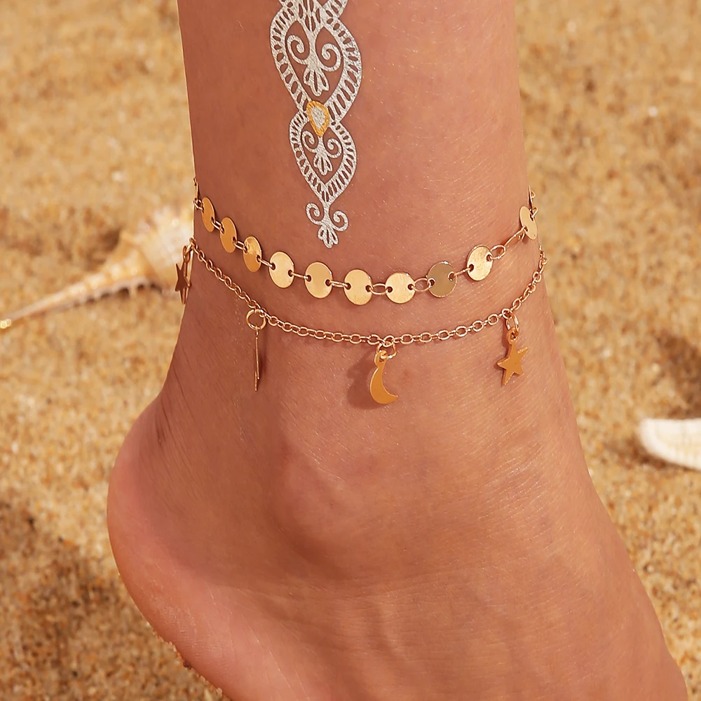 

2 Pcs/set Bohemian Moon Star Lightning Anklets for Women Multilayer Anklet 2022 NEW Foot Bracelet on Leg Beach Anklet Jewelry