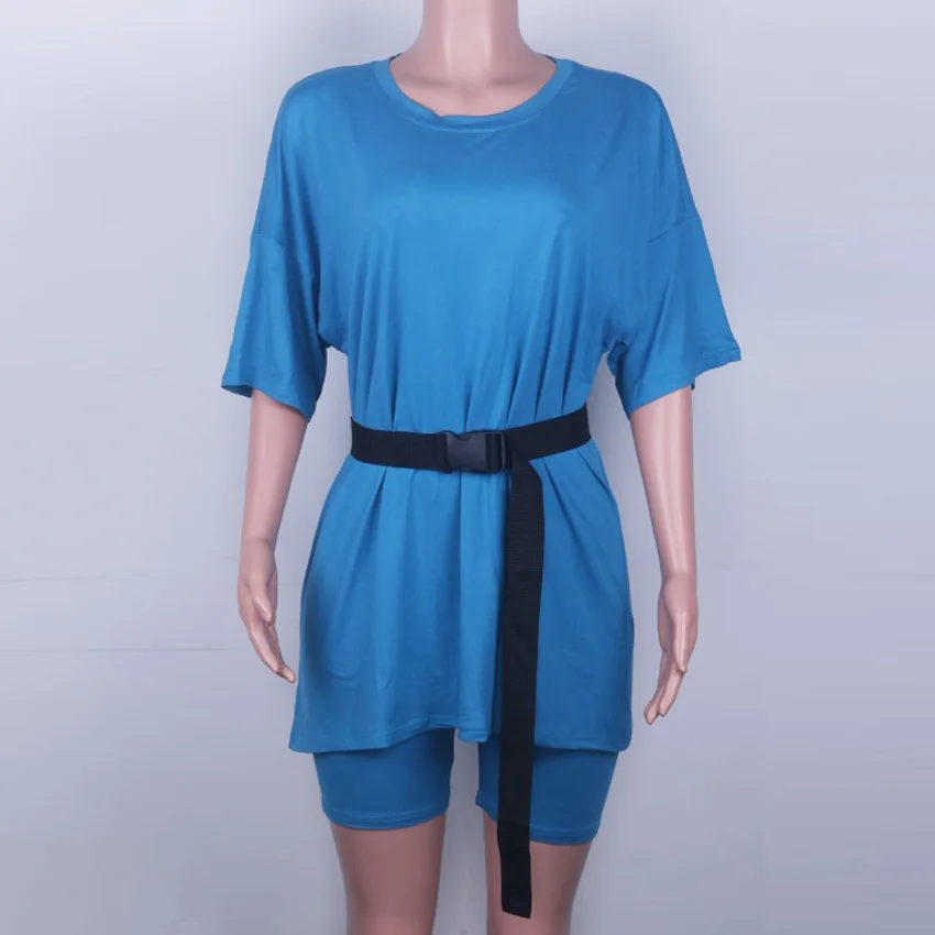 

Women's two piece suit with belt home loose sports tracksuits fashion tops and bicycles shorts casual summer tracksuit