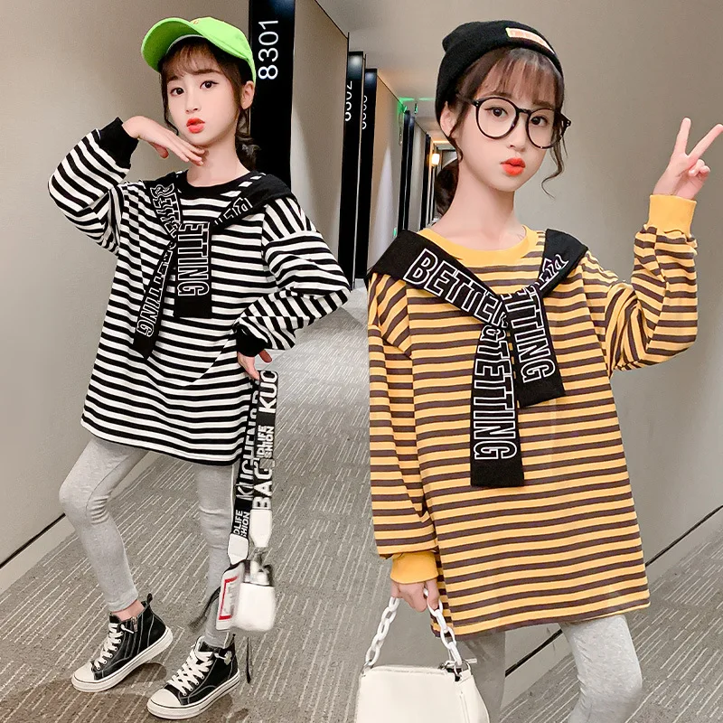 

Осенние комплекты для девочек 2021, Детская Хлопковая модная футболка в полоску с буквенным принтом + леггинсы, повседневный комплект одежды, ...