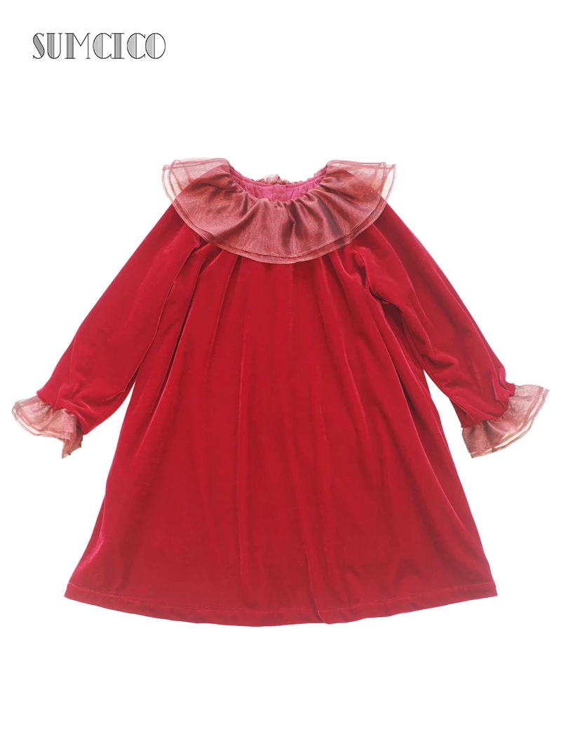 

Sumcico 2020 Girls Dress Toddlers Velvet With Organza Ruffles Collor Double Layer Vintage Style Clothes For Kid Age2-14Y