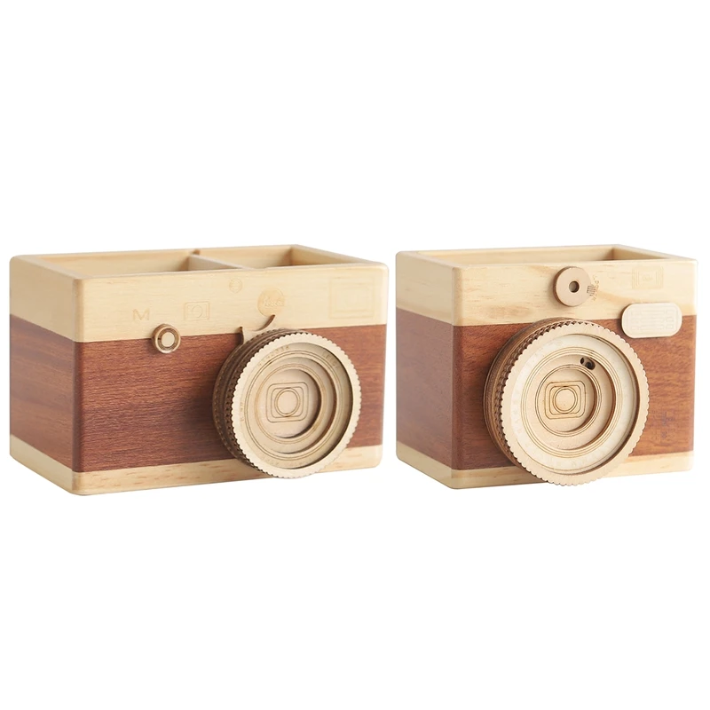 

Creative Wooden Camera Pen Holder Student Desktop Decoration Camera Makeup Brush Office Desk Storage Box
