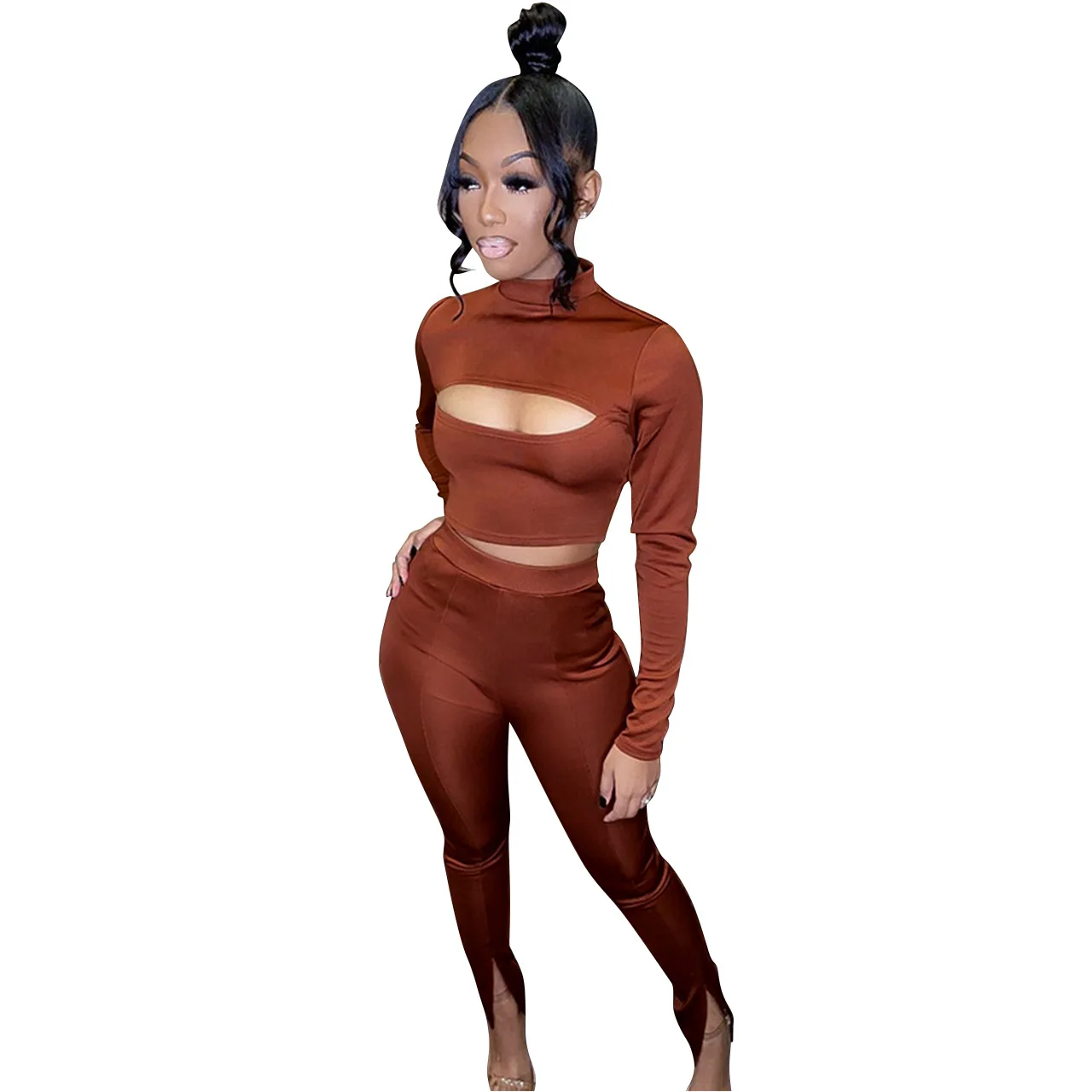 

Женские спортивные костюмы, брюки для бега, комплекты одежды, футболка с высоким воротником, Ажурные топы, повседневные женские брюки с разр...