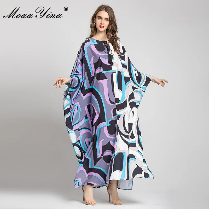 

MoaaYina 2021 Fashion Designer Summer Kuwait Long Dress Women's Batwing Sleeve Geometry Printed Loose Maxi Robe Dresses