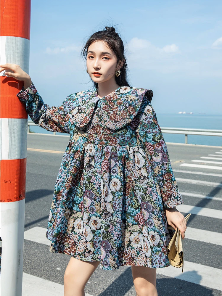 

Nbpm Peter Pan Collar Floral Dress Vintage Elegant Long Sleeve Loose And Comfortable Hemline 2021 Spring Summer Floral Pattern