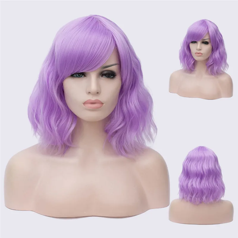 MSI Wigs, Короткие парики для косплея, фиолетовый, для женщин, кудрявый, красный, синий, парик с боковой челкой, зеленый, розовый, синтетический парик, жаростойкий