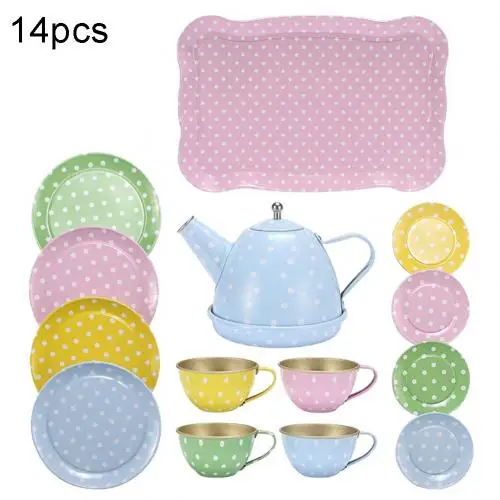 Dot 14pcs 14 шт. Железный блюдце чашка Salver чайный набор Посуда ролевые игры развивающая игрушка Дети День рождения подарки на Рождество изысканное мастерство - Цвет: Dot 14pcs