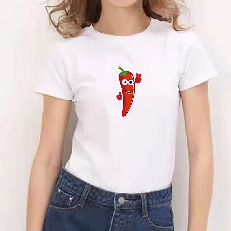 

T-shirt à col rond pour femme, estival et mignon, avec image des années 90, décontracté, mode esthétique, imprimé piment,