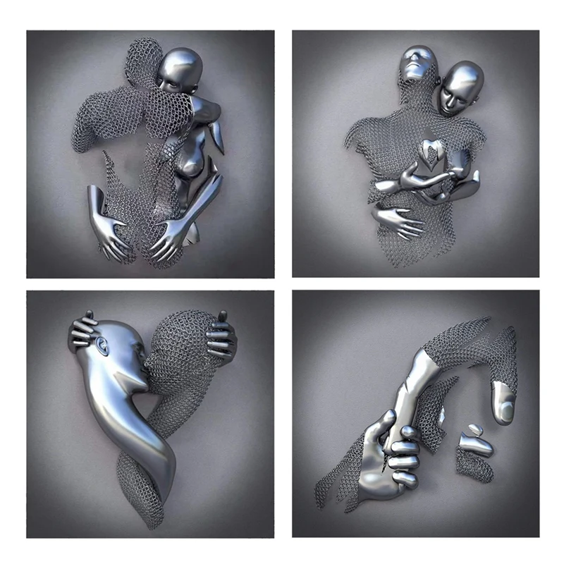 

4Pcs Love Heart 3D Effect Wall Art,Abstract Metal Figure Statue Art Canvas Painting 19.7 Inch Modern Wall Art Home Decor