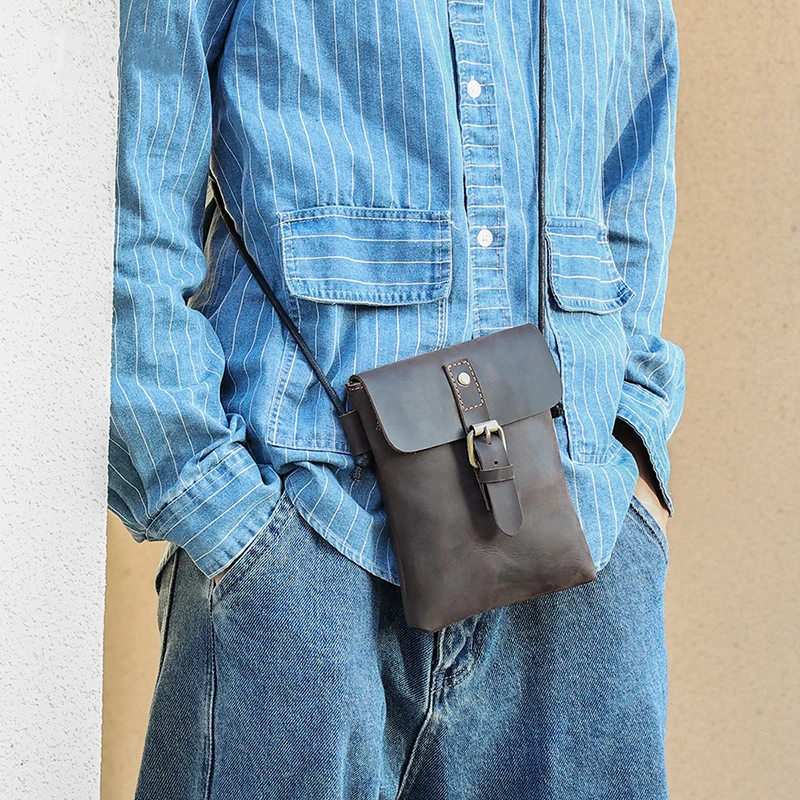 New Men's Leather Small Shoulder Bags Wallet Card Holder Messenger Bags Crazy Horse Cowhide Men's Mobile Phone Bag