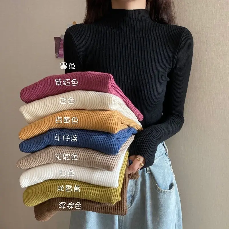 Woman Sweaters Autumn Winter Slim-Fit Turtleneck Top Sweater Inner Wearing Women's Clothing Gas Black | Женская одежда