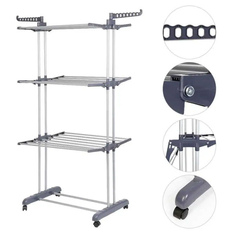 

Stainless Steel Three-layer Clothing Storage Racks Foldable Clothes Drying Rack Adjustable Wardrobe Laundry Drying Rack HWC